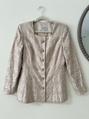 Victor Costa Embroidered Cream Taupe Button-Front Jacket
